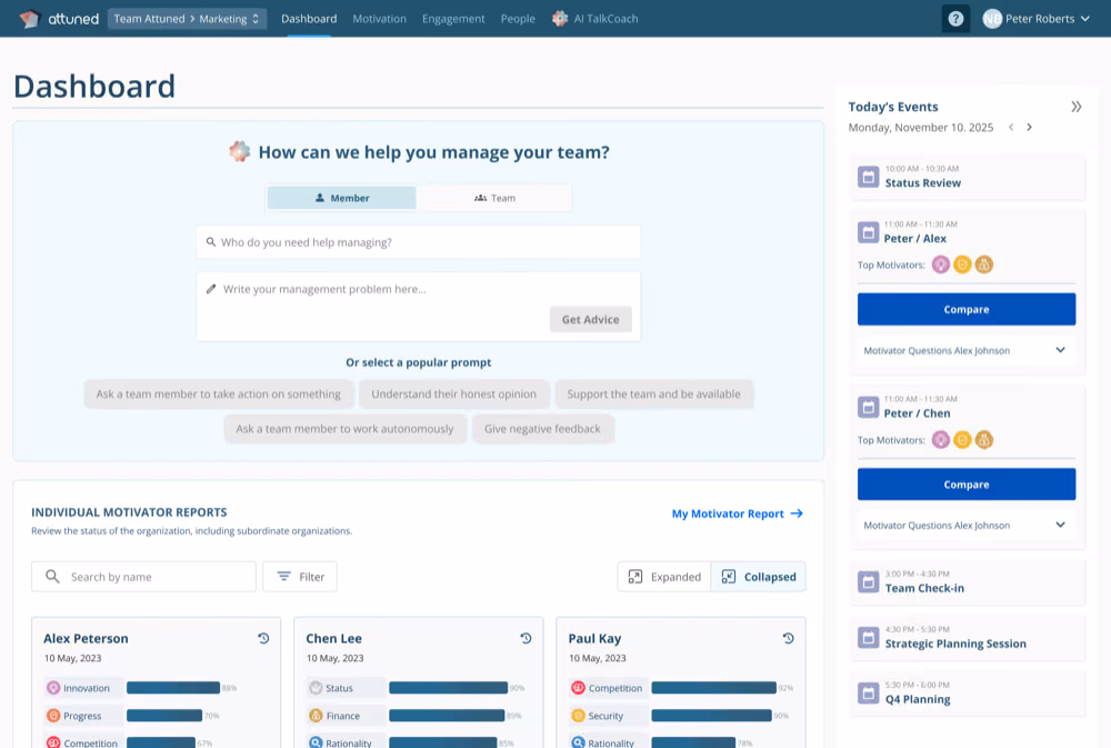 Attuned team dashboard showing individual motivator profiles side by side and the team's overall culture